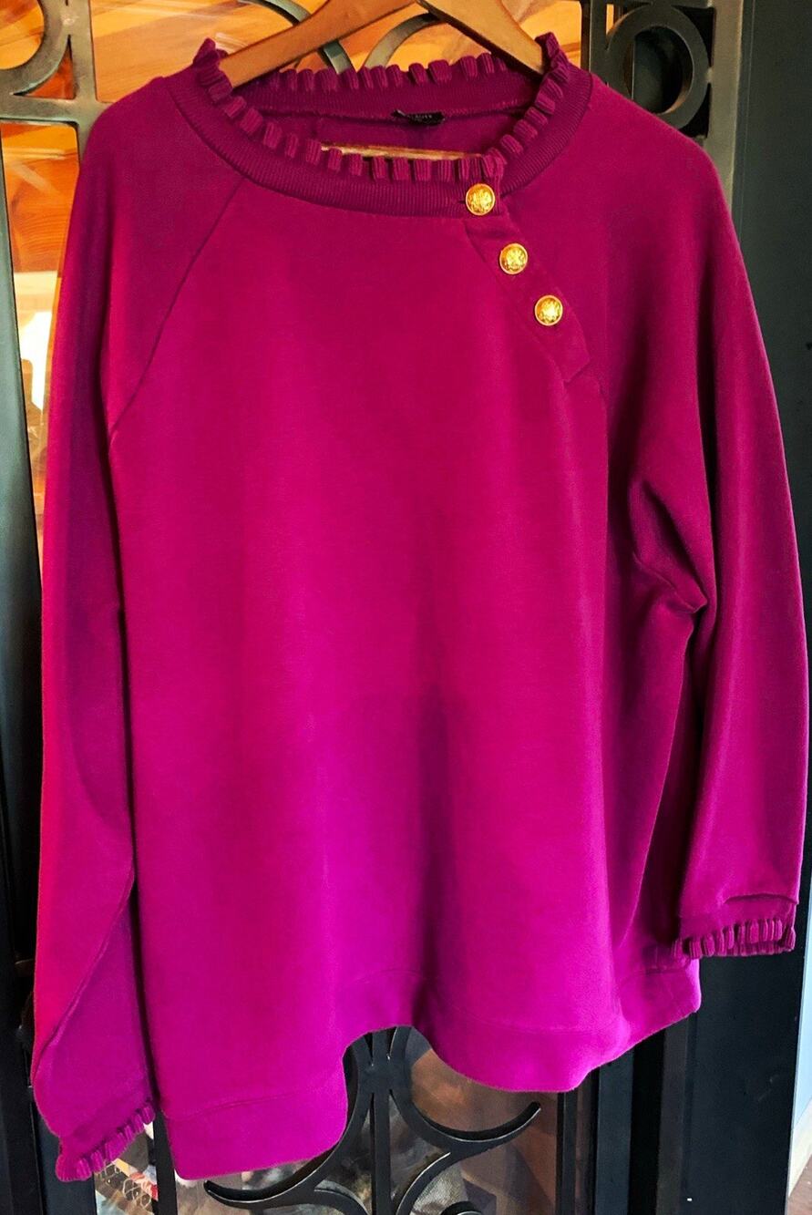 Talbots Plus 3X Purple 100% Cotton Pullover Sweatshirt Ruffle Trim Gold Buttons